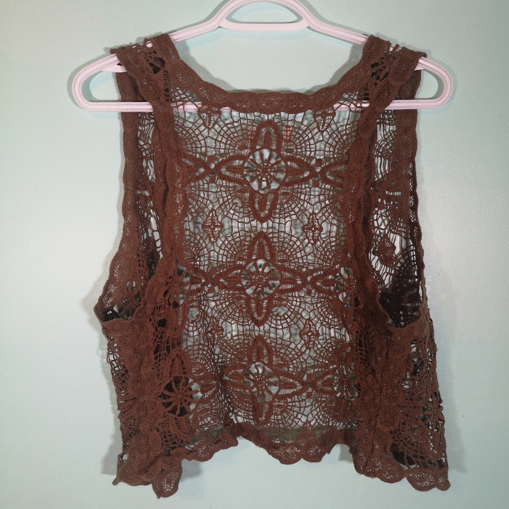 Pretty Crochet Vest in Warm Brown - 32" Chest